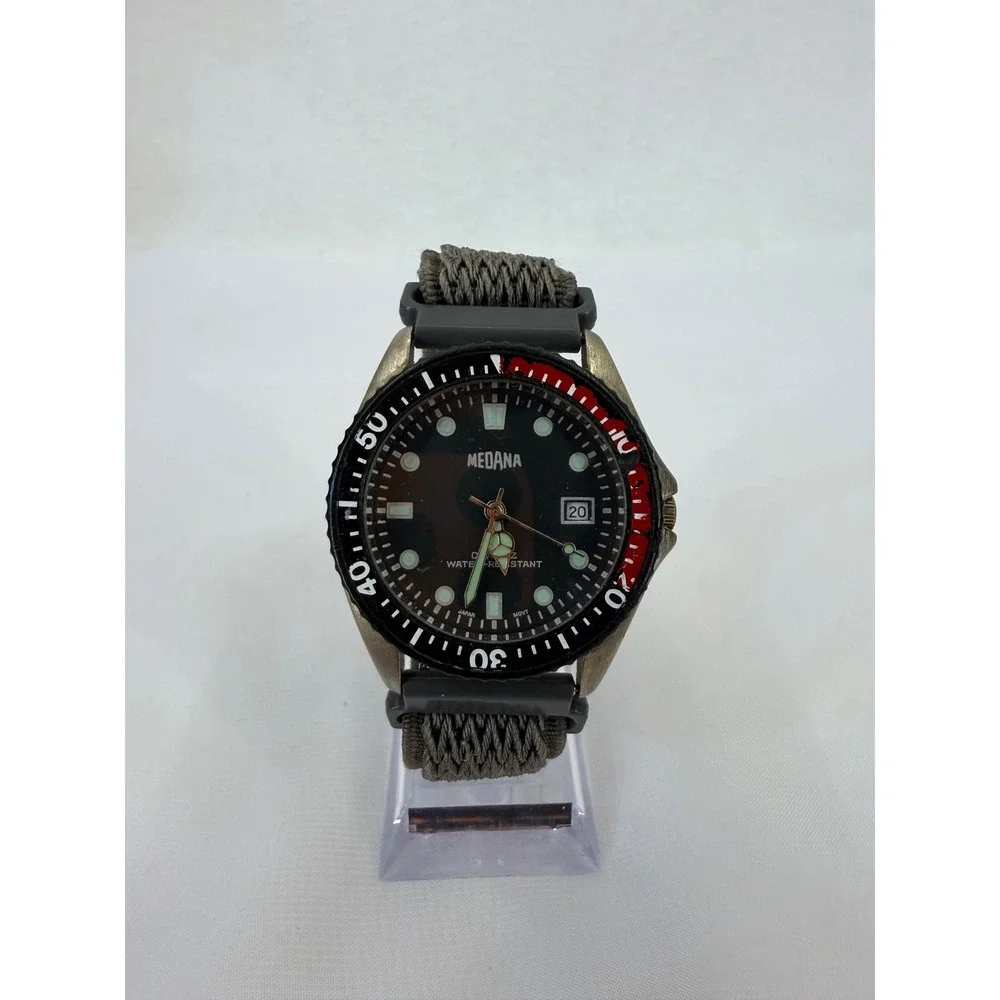 Medana Mens Diver Style Watch Black Dial Red Bezel Quartz Grey Braided Strap